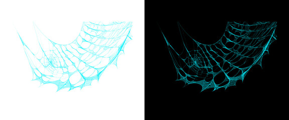 Cyan spiderweb design elements, glowing blue cobweb graphics, spooky halloween net illustrations on white and black backgrounds © PNG