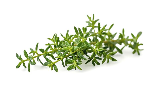 Fresh green thyme herb sprig with tiny leaves, isolated on transparent background