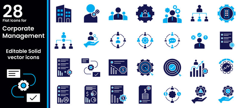 Corporate Management Solid Icons Set &ndash; Business Strategy, Team Leadership, Organization, Planning, Performance, Workflow and Management Symbols in Editable Glyph Vector Collection, blue duotone 