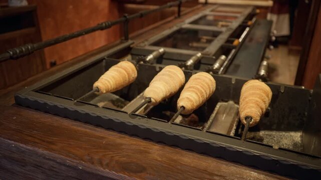 Traditional chimney cake dough rotates on metal spits over a commercial grill in a bakery. Fresh sweet pastry bakes slowly to golden perfection. European street food dessert preparation.