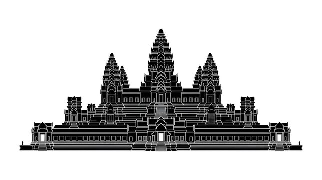 Black silhouette of the famous Angkor Wat temple complex in Cambodia on a white background. Perfect for travel, history, and architectural design themes.