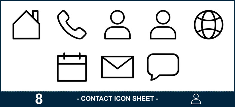 Minimalist contact icon sheet with 8 line symbols. Black outline communication icons for web design. Modern UI vector set. ,Clean grouped each Icon