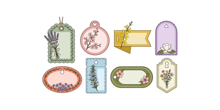 Vintage Botanical Gift Tag Collection with Floral Labels Lavender Blossoms and Decorative Frames