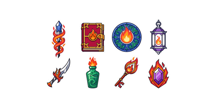 Fantasy Fire Magic Icon Set with Sword Spellbook Potion Key Crystal and Lantern