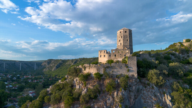 Aerial View of Historical Pocitelj Citadel and Gavran Captain Tower in Bosnia and Herzegovina