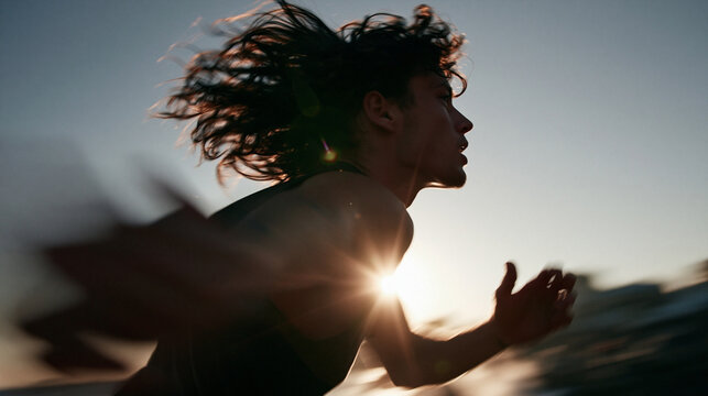 Young Woman Running Fast at Sunset with Sun Flare