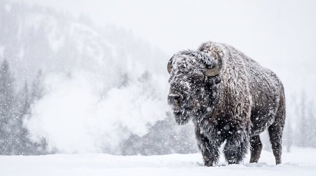 American Bison Standing in Snowstorm with Steam Breath