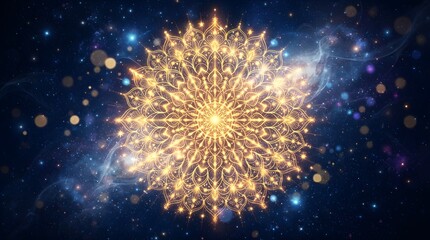 Fototapeta premium Golden mandala pattern on a dark blue cosmic background with sparkling stars and bokeh lights
