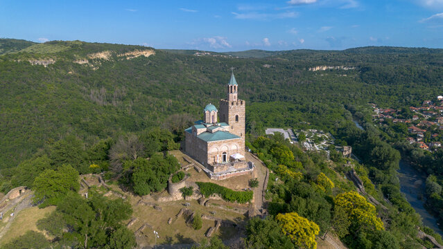 Aerial View of Tsarevets Fortress and Patriarchal Cathedral in Veliko Tarnovo Bulgaria