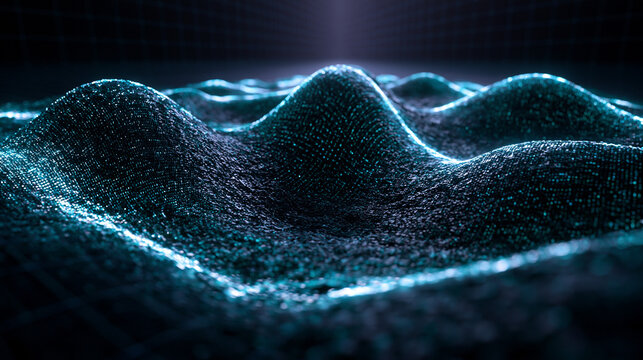 Abstract Digital Data Wave Landscape with Glowing Blue Particles