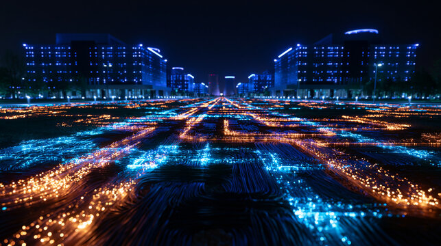 Futuristic Smart City with Glowing Fiber Optic Data Network at Night