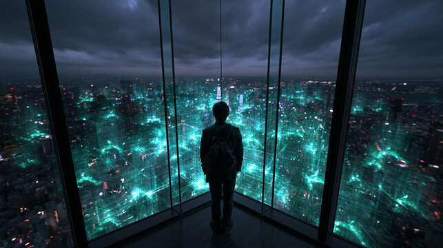 Silhouetted Figure Looking at Futuristic Digital Smart City Grid