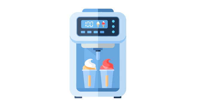 Flat Vector Illustration of a Modern Soft Serve Ice Cream and Frozen Yogurt Machine with Digital Display and Dessert Cups