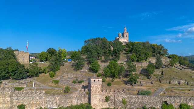 Aerial View of Tsarevets Fortress and Patriarchal Cathedral in Veliko Tarnovo Bulgaria