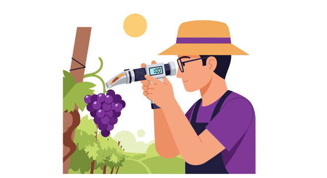 Viticulturist testing grape sugar content with a refractometer in a sunny vineyard; concept of viticulture, wine production, and harvesting.