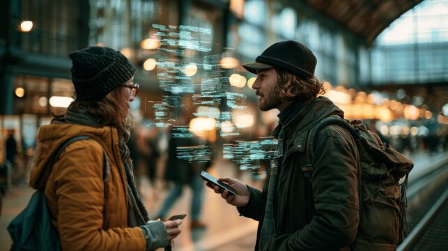 Engaging Conversation with AI Interpreter on Smartphone in Modern Urban Setting