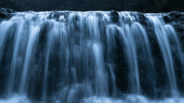 Waterfall Cascade Flowing Over Rocks in Long Exposure