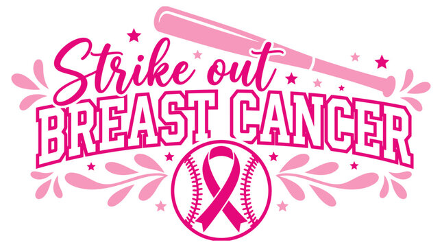 Strike out breast cancer awareness design with a pink baseball bat and ribbon perfect for sports themed charity event apparel