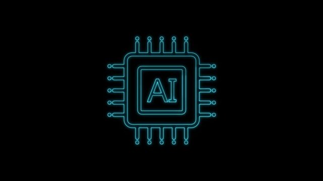 Neon AI Processor Line Icon Animation, Machine Learning Technology, 4K Motion Graphics