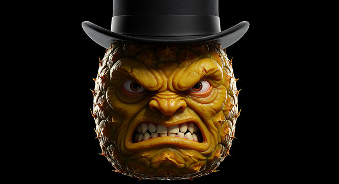 Angry monstrous pineapple character wearing a top hat with a fierce expression isolated on black background