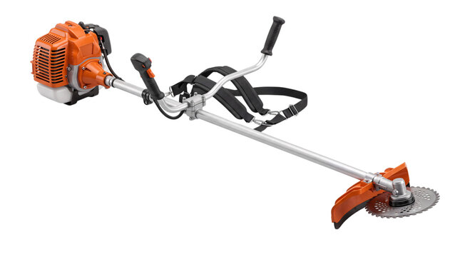 Orange and silver string trimmer with harness and isolated on png transparent background