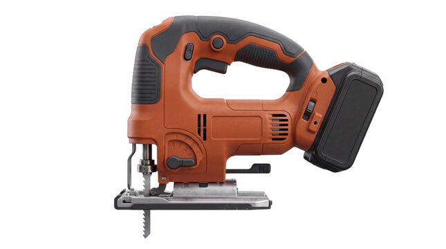 Orange and black cordless jigsaw power tool with isolated on png transparent background