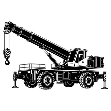 Heavy Duty Mobile Crane Truck with Telescopic Boom, Hook and Stabilizer Outriggers, Detailed Black and White Construction Vehicle Vector Illustration Isolated on White Background
