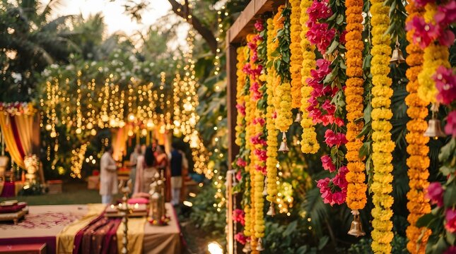 Traditional indian wedding decor with marigold flower garlands and hanging bells