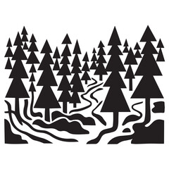 Obraz premium Stylized black silhouette graphic of a coniferous pine forest with nature inspir