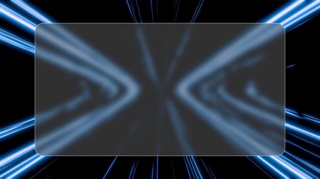 Bright cyan light rays explode outward behind frosted glass panel. Dynamic speed lines shoot across dark backdrop to form futuristic hyperdrive background.