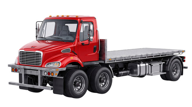Red flatbed truck with dual rear wheels and chrome isolated on png transparent background