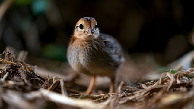 A small young bird stands alert among dry grasses in a softly blurred natural setting  its dark eyes and striped head catching attention