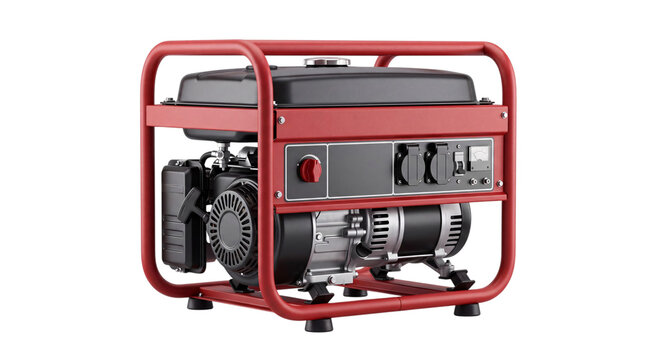 Red portable generator with metal frame and black isolated on png transparent background