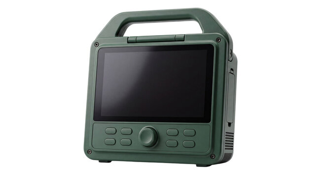 Rugged green portable device with screen and isolated on png transparent background