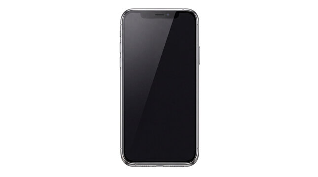 Sleek silver smartphone with dark screen on white isolated on png transparent background