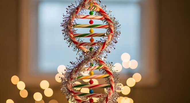 Candy cane DNA helix with festive tinsel and bokeh lights during winter holidays