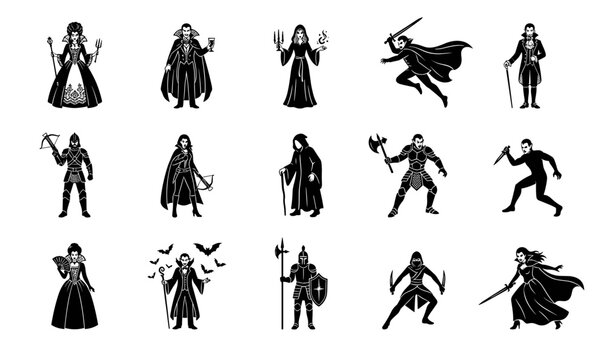 Gothic Vampire Silhouette Icon Set Featuring Count Dracula Characters Witch Sorceress Warriors and Halloween Horror Elements for Graphic Design Projects and Games