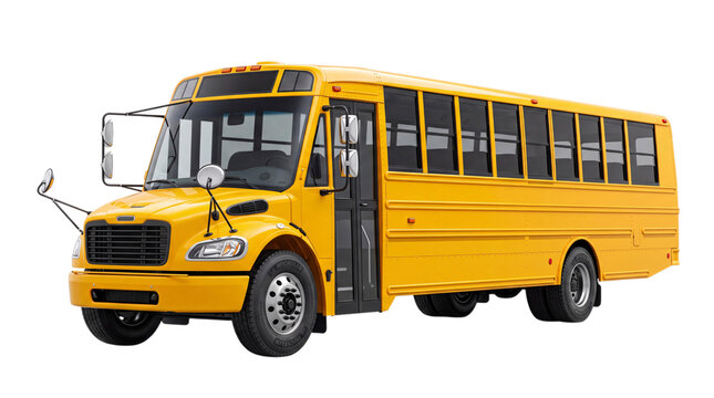 Yellow school bus with open door and tinted isolated on png transparent background