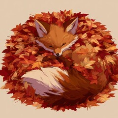 Naklejka premium A fox is curled up in a pile of colorful autumn leaves in a forest. The warm colors of russet create a cozy scene.