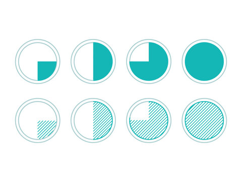 Fractions circles with filled and hatched parts representing quarters and halves vector illustration