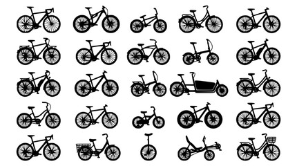 Bicycle and Cycling Transport Silhouette Icon Set with Mountain, Road, Electric, Cargo, and BMX Bikes for City Commuting, Fitness Sports, and Active Lifestyle Graphic Designs Vector © AlviAhmed