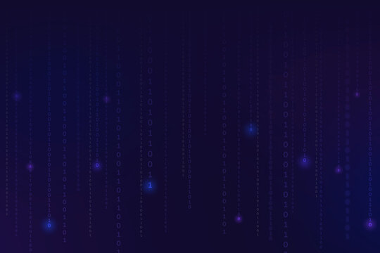 Digital binary code pattern with glowing blue dots forming vertical streams against transparent background