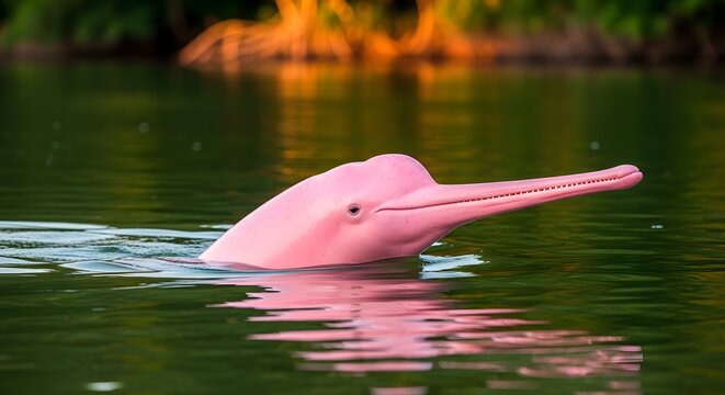 Pink River Dolphin surfacing in lush green water during golden hour with blurred foliage background