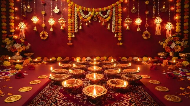 Traditional diwali celebration with rows of glowing diya oil lamps and marigold flower garlands on a red background