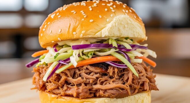 Pulled Pork Sandwich with Sesame Seed Bun and Fresh Slaw illuminated by Soft Natural Light