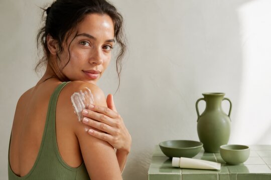 Body Lotion Skincare Routine with Woman and Spa Still Life