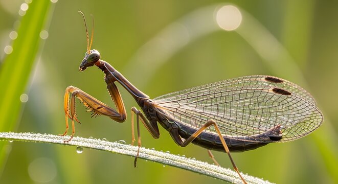 Praying mantis perched on wet grass blade during golden hour with soft bokeh background