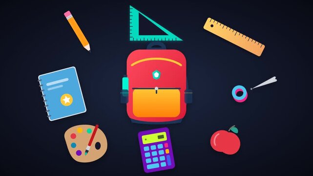 animation of a school backpack and stationery items on a dark blue background for education concepts. 4K Video