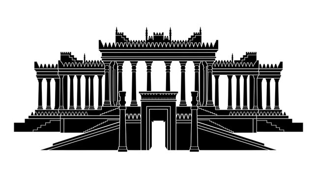 Black silhouette illustration of ancient Persian or Greek ruins featuring grand pillars and classic historical architecture.