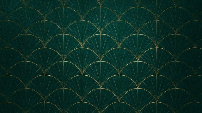 Elegant Dark Green Wallpaper with Intricate Gold Line Art Deco Fan Scales and Textured Fabric Appearance